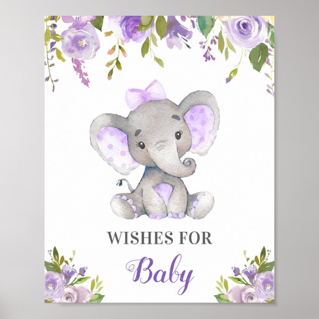 Poster Desejos para Chá de Elefante Lilac Roxo para Bebê (Frente)
