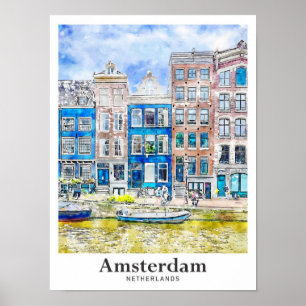 Poster Desenhada Mão de Aquarela Viagem de Amesterdã nos
