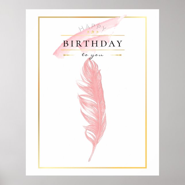Poster Desenho a Lápis de Pena Rosa de Aniversário (Frente)
