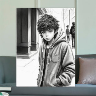 Poster Desenho a Lápis Preto e Branco de Menino Arte Gera