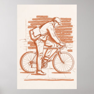 Poster Desenho a Linha Sepia de Mensageiro de Bicicleta V