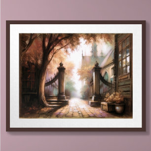 Poster Desenho a Pastel Recanto Escuro em Pequena Cidade