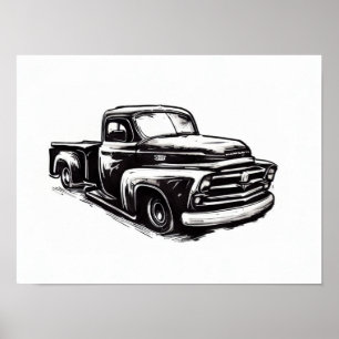 Poster Desenho a tinta de caminhão Dodge preto e branco