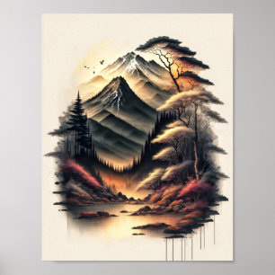 Poster Desenho a tinta de paisagem japonesa com vulcão