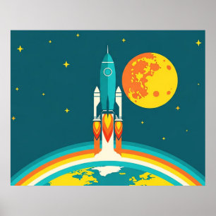 Poster Desenho animado de foguete espacial fofo