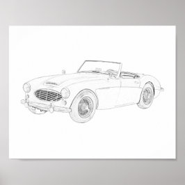Poster Desenho Austin Healey de 1960 preto e branco