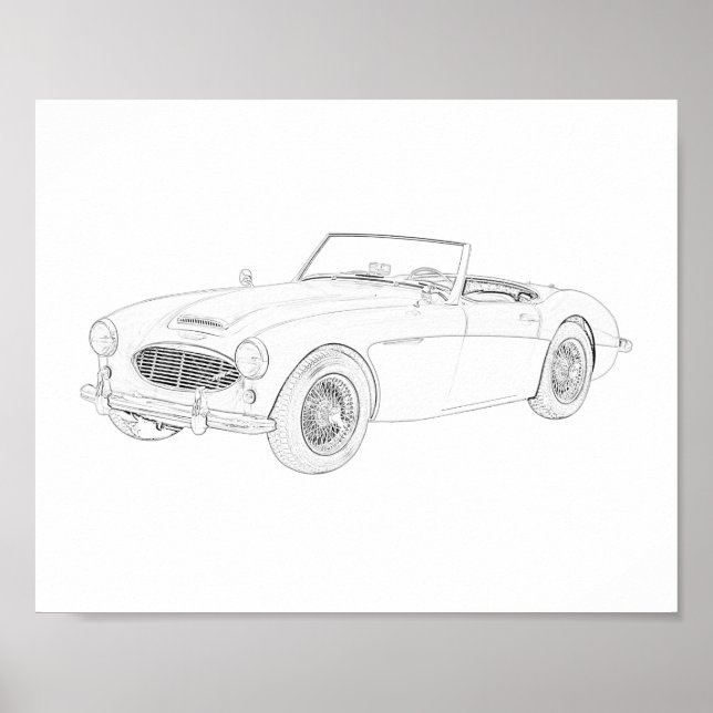 Poster Desenho Austin Healey de 1960 preto e branco (Frente)