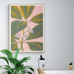 Poster Desenho Botânico das Palmas Rosa e Verde<br><div class="desc">Uma bela ilustração floral de uma palmeira de bananas tropicais em folha verde e amarela num fundo cor-de-rosa pincelado</div>