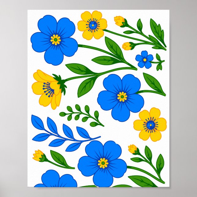 Poster Desenho Botânico Floral Azul e Amarelo (Frente)