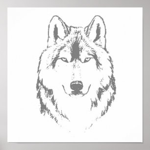 Poster Desenho Da Cabeça Do Lobo Branco E Preto