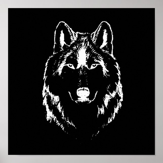 Poster Desenho Da Cabeça Do Lobo Negro E Branco Engraçado (Frente)