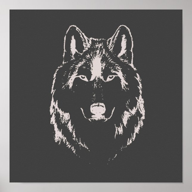Poster Desenho Da Cabeça Do Lobo Negro E Branco Engraçado (Frente)