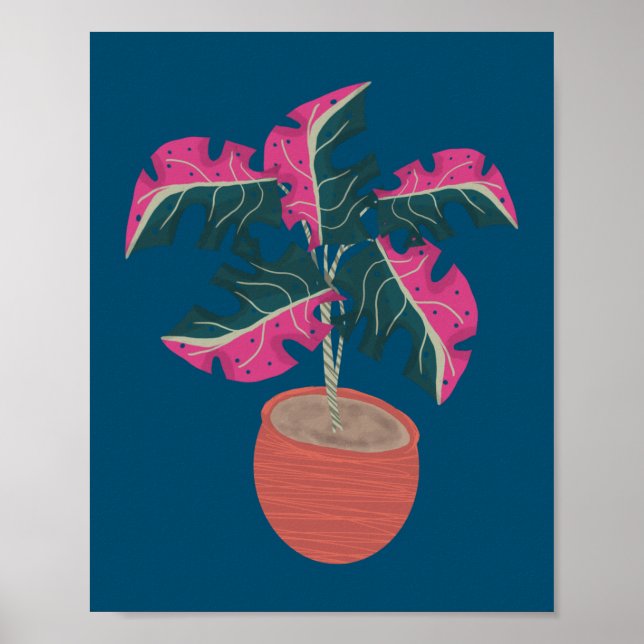 Poster Desenho Da Mão Da Planta De Monstera Rosa (Frente)