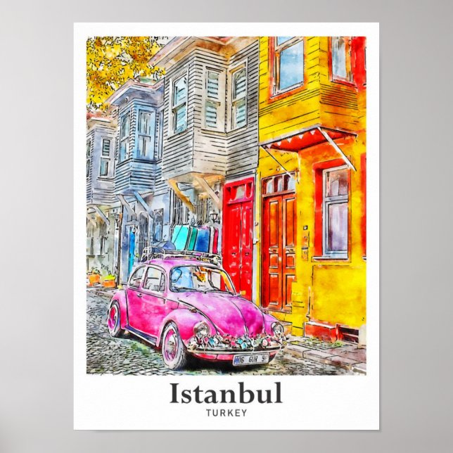 Poster Desenho da Mão de Aquarela de Istambul Turquia Via (Frente)