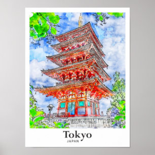 Poster Desenho Da Mão De Aquarela De Tóquio No Japão