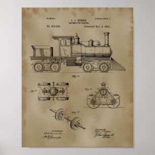 Poster Desenho da Patente da Locomotiva do Comboio