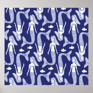 Poster Desenho Da Sereia: Padrão De Peixe Vintage.