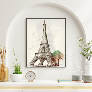 Poster Desenho Da Torre Eiffel Próximo A Uma Árvore