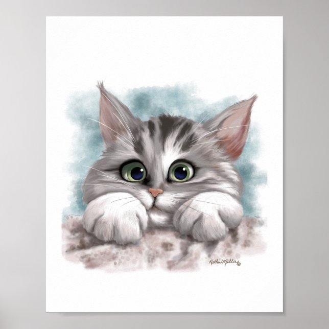 Poster Desenho de adorável gatinho cinza tabby (Frente)