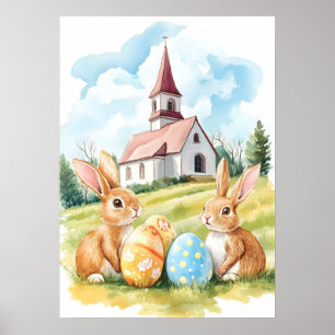 Poster Desenho De Aquarela Da Igreja De Coelho Da Páscoa