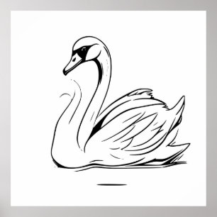 Poster Desenho de Arte da Linha do Cisne Branco Solitário