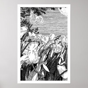 Poster Desenho de arte de linha de campo de tulipa botâni