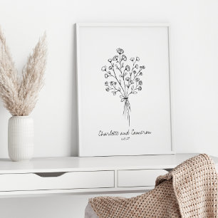 Poster Desenho de Arte de Linha de Flor Boho Casamento Pe