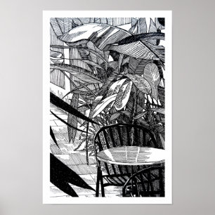 Poster Desenho de Arte de Linha de Folhas Tropicais Botân