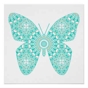 Pôster Desenho de Borboleta Mandala Turquesa