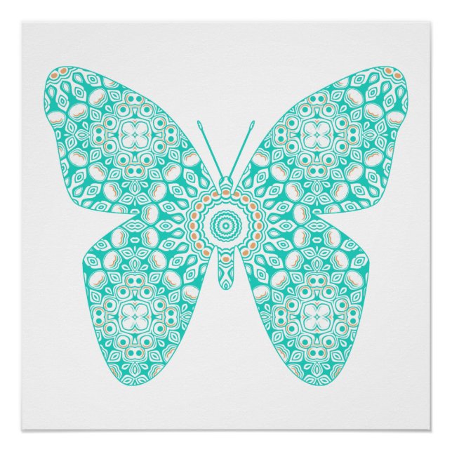 Pôster Desenho de Borboleta Mandala Turquesa (Frente)