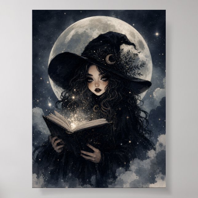 Poster Desenho de bruxa gótica natureza lua cheia ||  (Frente)