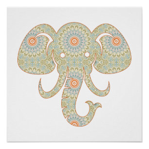 Pôster Desenho de Cabeça de Elefante Mandala