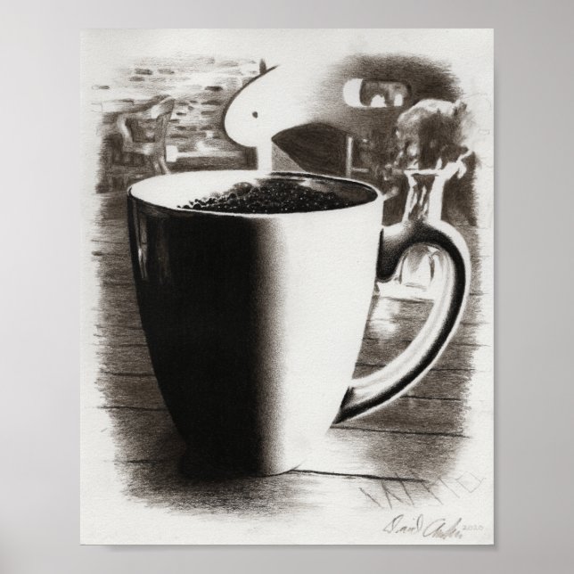 Poster Desenho de café com carvão preto e branco (Frente)