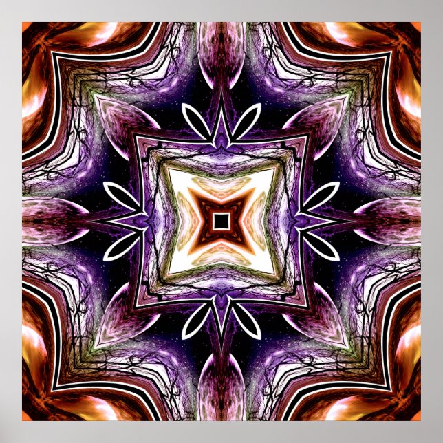 Poster Desenho de Caleidoscópio Cósmico Roxo e Laranja (Frente)