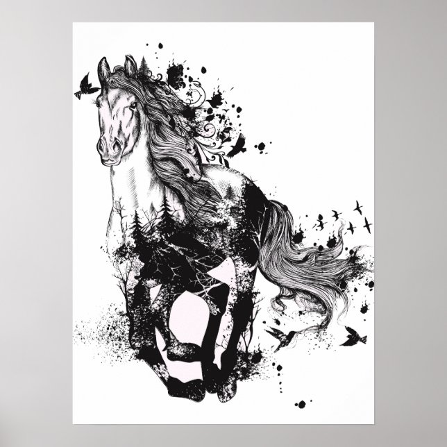 Poster Desenho de Cavalo e Arte Abstrato (Frente)