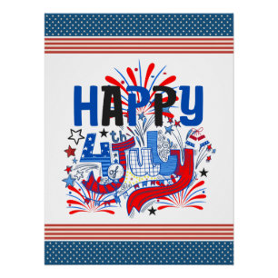 Pôster Desenho de Celebração Patriótica Feliz 4 de Julho