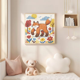 Poster Desenho de Criança com Crayon de Raposa Fofa