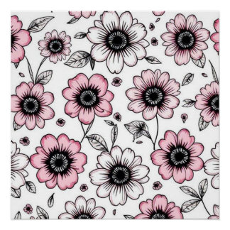 Pôster Desenho de esboço de flores e folhas cor-de-rosa