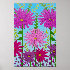 Poster Desenho de Flor Rosa Vibrante em Azul