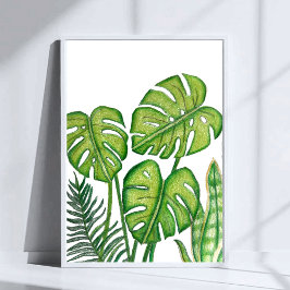 Poster Desenho de Folhas Verdes de Monstera Arte a Lápis 