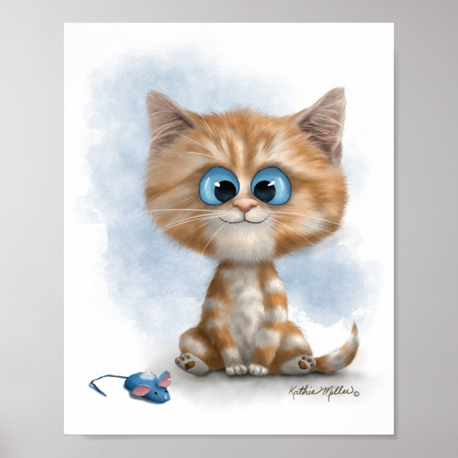 Poster Desenho de gatinho gengibre com rato (Frente)