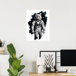 Poster Desenho de Gato Astronauta com Tinta Preta