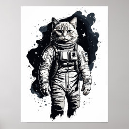 Poster Desenho de Gato Astronauta com Tinta Preta