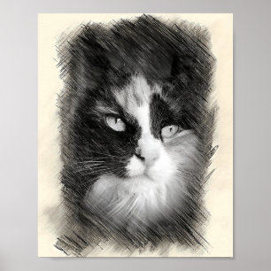 Poster Desenho de Gato Calico - Retrato de Felino