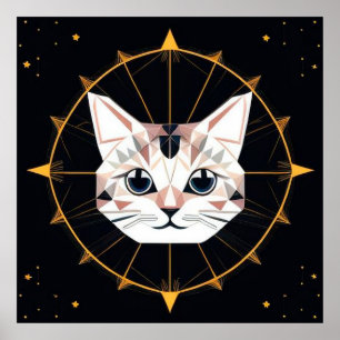 Poster Desenho de Gato Geométrico Cercado por Estrelas Do