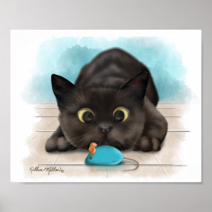 Poster Desenho de Gato Preto com Rato de Brinquedo