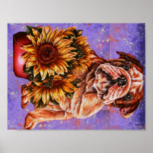 Pôster Desenho de girassóis do buldogue na pintura roxa