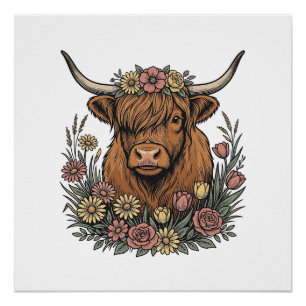 Pôster Desenho de gravura vintage de vaca das Terras Alta