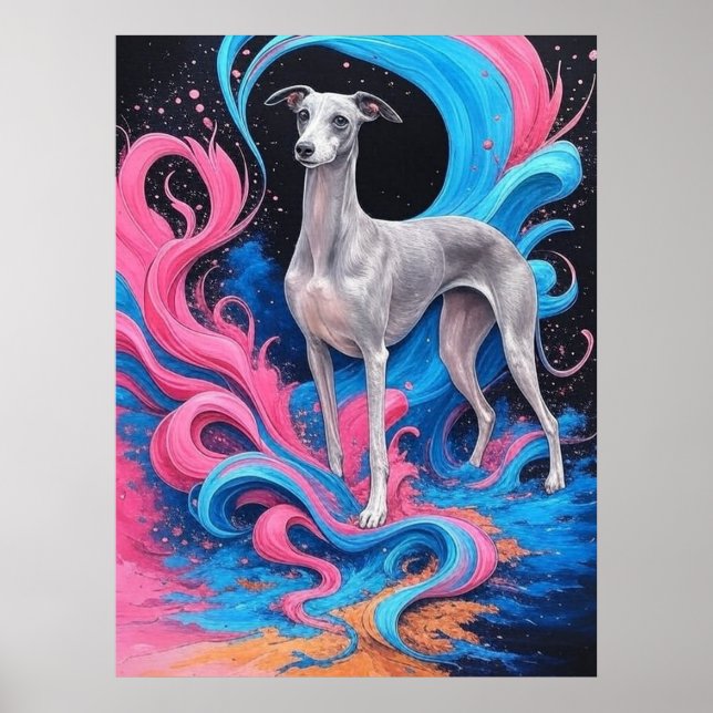 Poster Desenho de Greyhound com Fundo de Cor de Salpicos  (Frente)