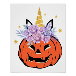 Pôster Desenho de Halloween de Abóbora Unicórnio